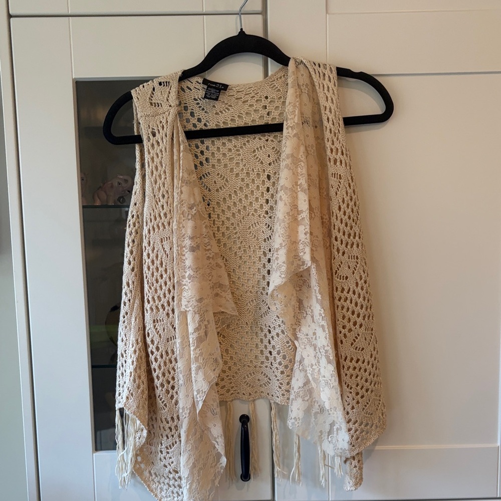 Rue21 Cream Crochet Fringe Cardigan Vest